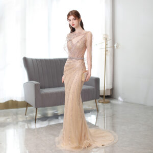Luxury Gold Crystal Fishtail Evening Gown for women