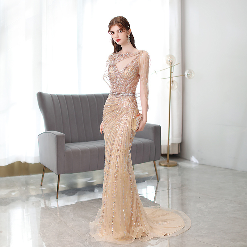 luxury-gold-crystal-fishtail-evening-gown-front-view Luxury Gold Crystal Fishtail Evening Gown for women
